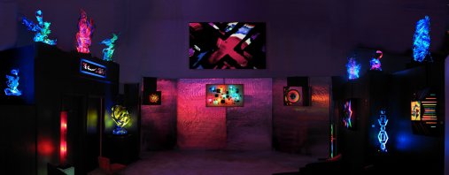 Free-standing and wall-mounted light sculptures that comprise the Lumonics performance space, Denver