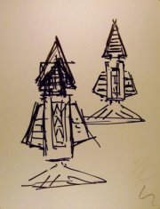 sketch of free-standing sculpture with pyramid on top