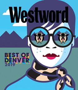 Westword Magazine cover with person wearing reflective sun glasses