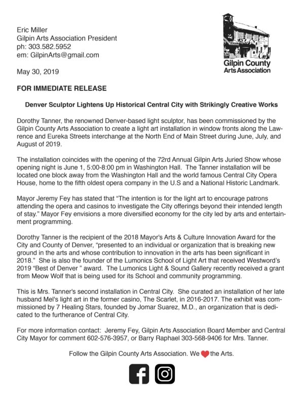 Gilpin County News Release announcing Lumonics art exhibit