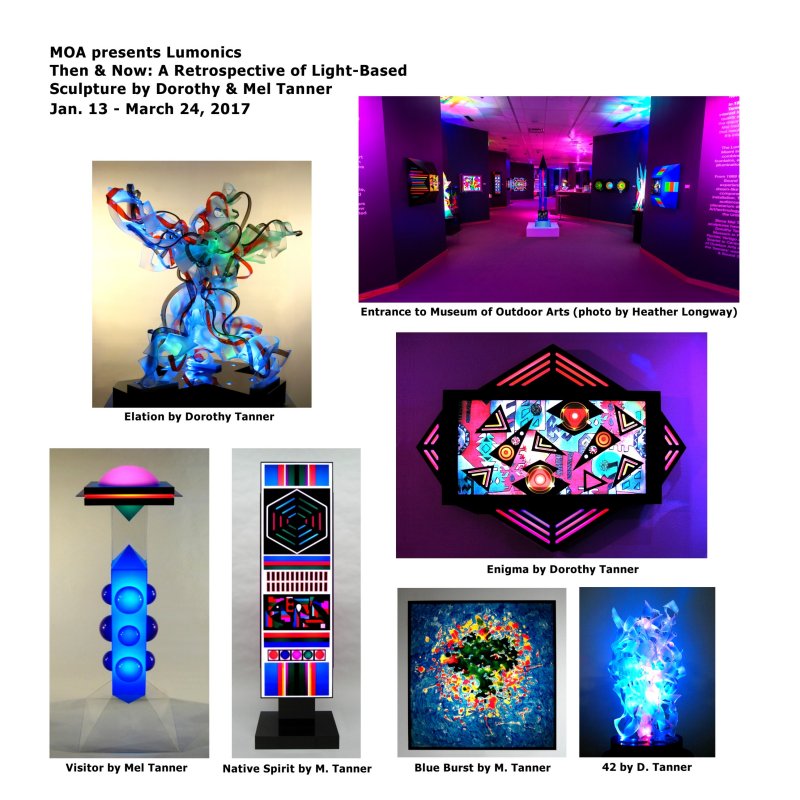 page from Lumonics art book showing light sculptures at the Museum of Outdoor Arts