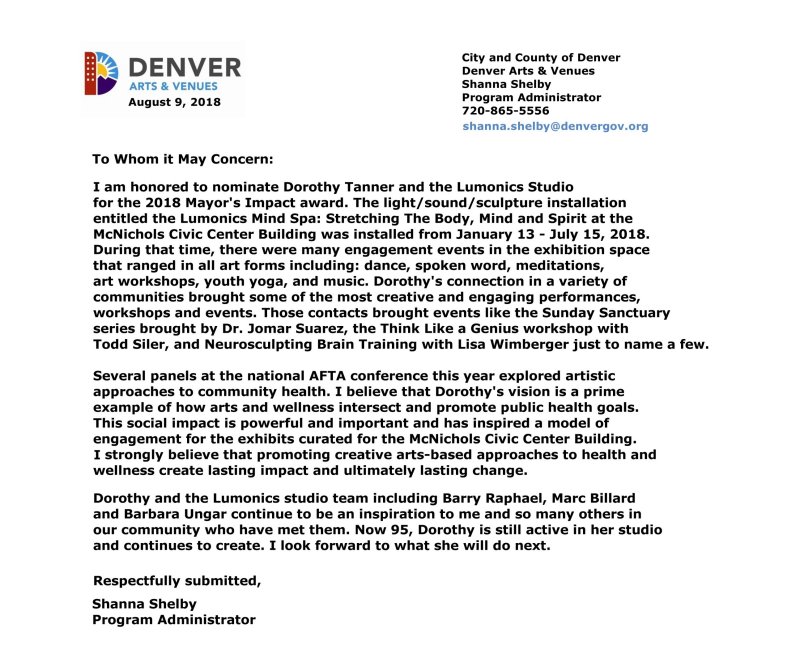 letter by Shanna Shelby nominating Dorothy Tanner for Denver Mayor's Art Award