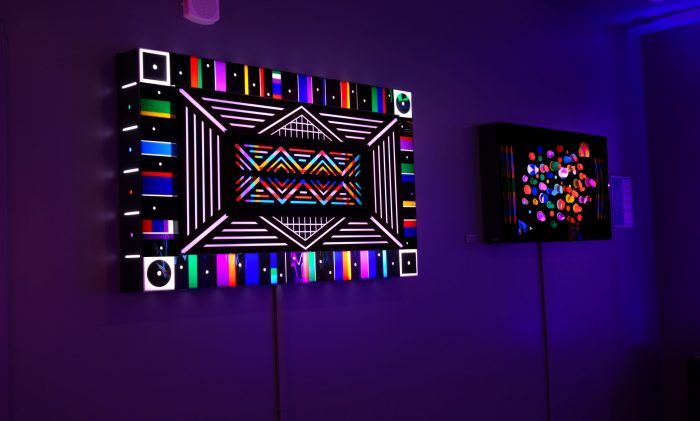 view of 2 of the light sculptures in The Galleri at Meow Wolf Denver