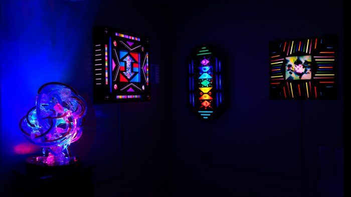 view of 4 of the light sculptures in The Galleri at Meow Wolf Denver