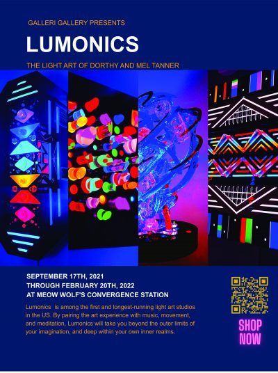 Lumonics light sculptures in a flyer for the art exhibit at Meow Wolf Denver